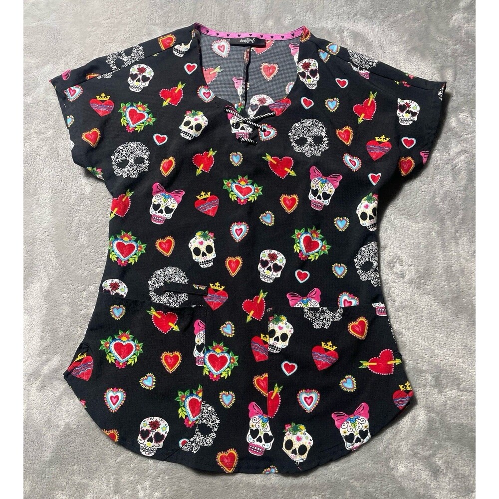 Dia De Las Flores HeartSoul Scrubs Round Neck Top Sugar Skull  Day Of The Dead S